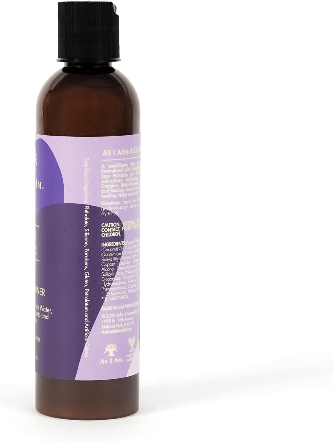 Siden af en brun flaske As I Am Rice Water Conditioner (237 ml) med lilla etiket, der viser forsigtighedsregler og en del af ingredienslisten.