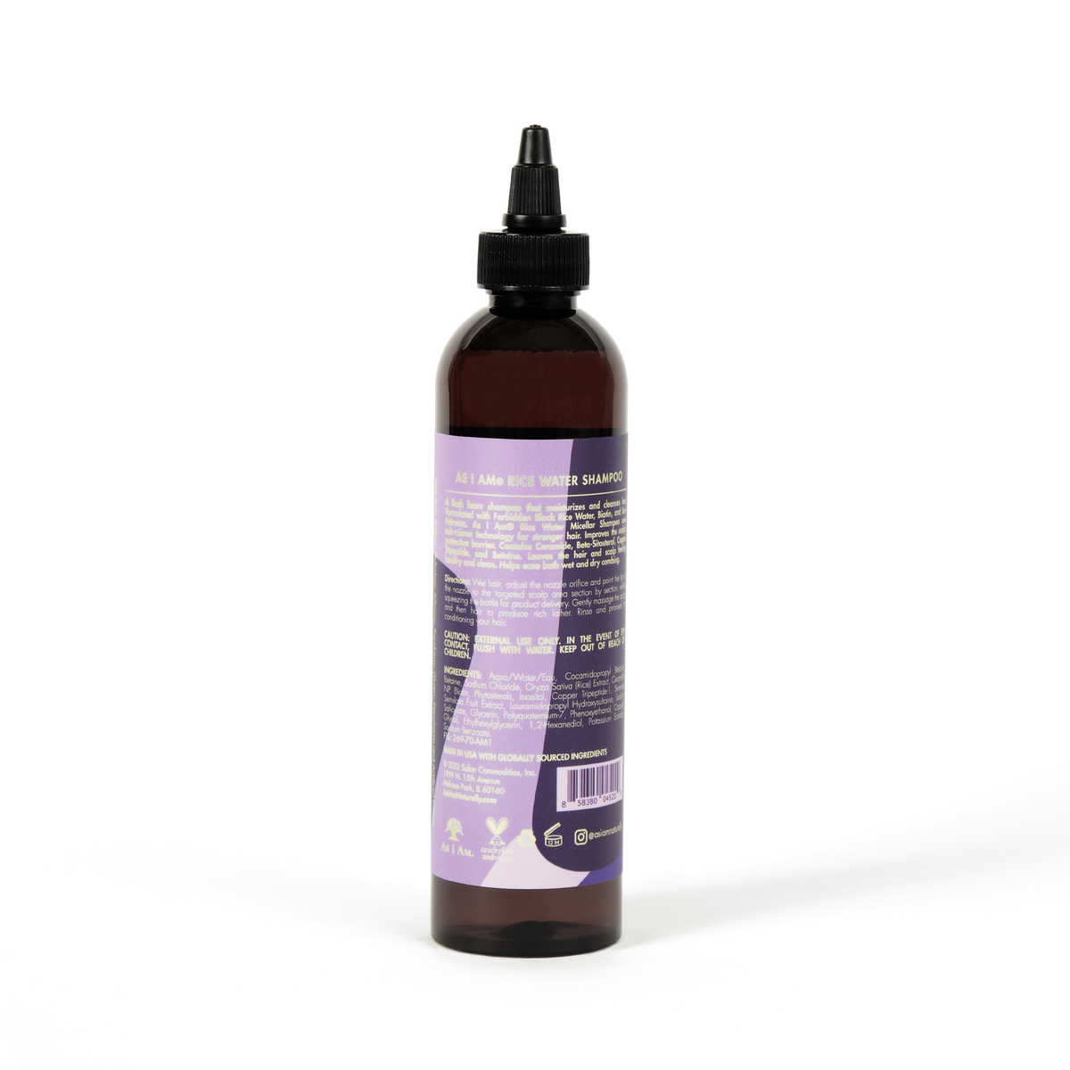 Bagsiden af en brun flaske As I Am Rice Water Micellar Shampoo (237 ml), der viser ingrediensliste, brugsanvisning og anden produktinformation.