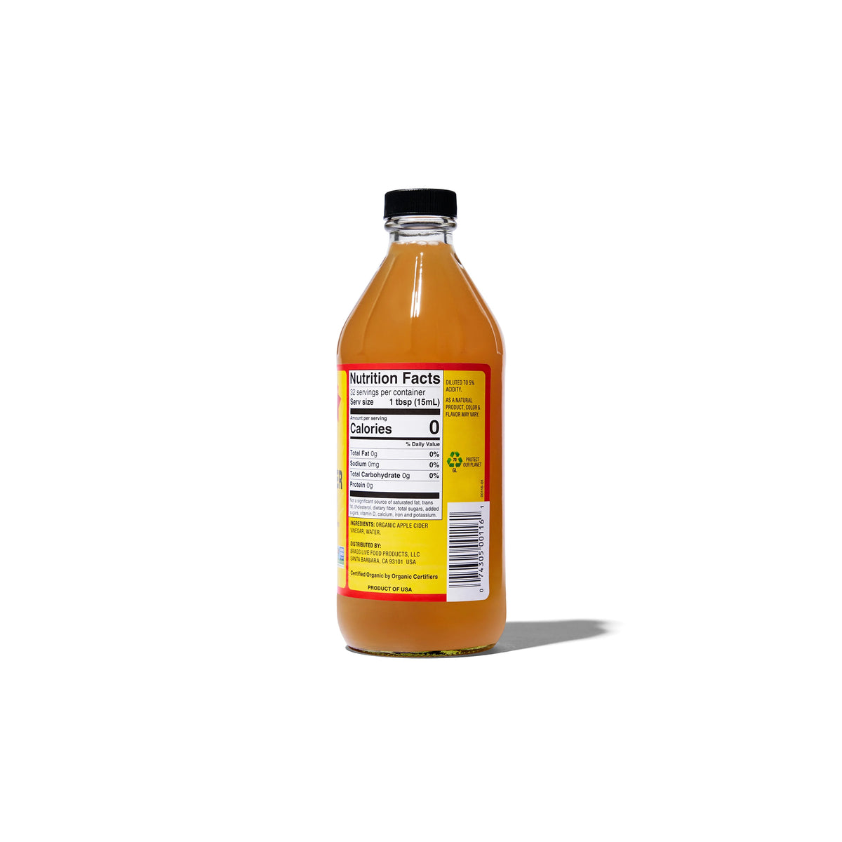 Bagside af Bragg Organic Apple Cider Vinegar.