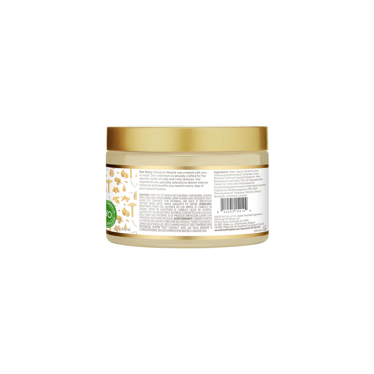 African Pride Moisture Miracle Pre-Shampoo 340gr i gylden krukke med ingrediensetiket.