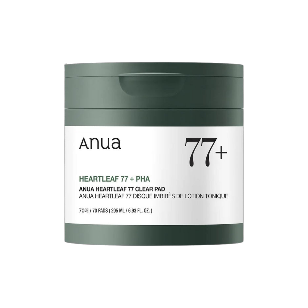 Anua Heartleaf 77 Clear Pad i grøn og hvid krukke med 70 PHA-mættede rensende ansigtspads.