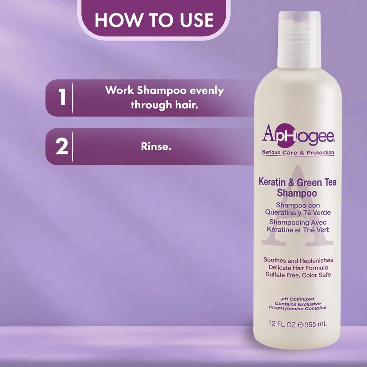 ApHogee Keratin & Green Tea Shampoo-flaske med brugsanvisning: fordel i håret, skyl.