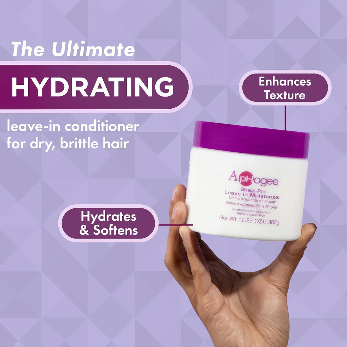 ApHogee Shea-Pro Leave in Moisturizer, en hydrating leave-in conditioner til tørt, skørt hår, holdt frem af en hånd.