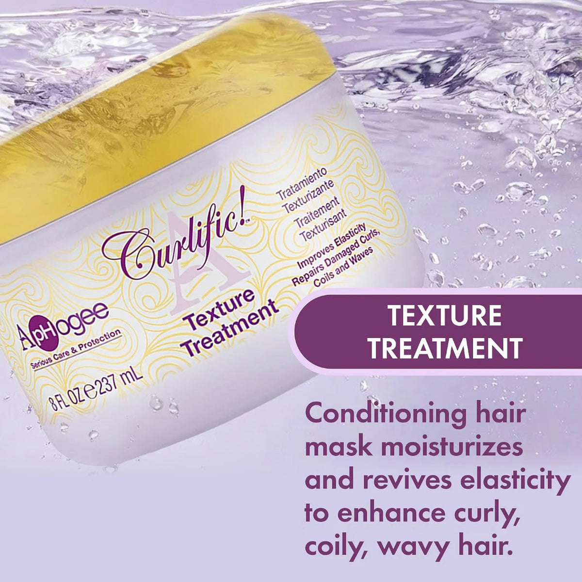ApHogee Curlific Texture Treatment hvid krukke med gult låg i vand, betoner conditioning hair mask til krøllet hår.