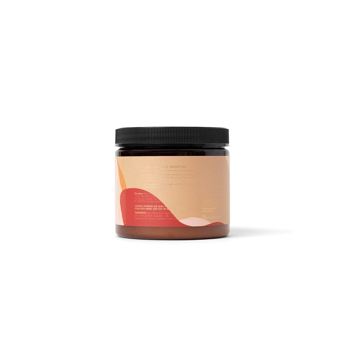 Bagsiden af en mørk krukke As I Am Jamaican Black Castor Oil Smoothie (454 g) med en lyserød og beige etiket, der indeholder ingrediensliste, brugsanvisning og anden produktinformation.