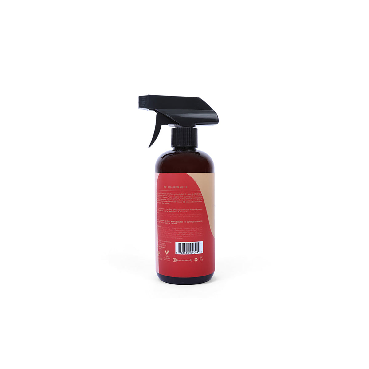 Bagsiden af en mørk sprayflaske As I Am Jamaican Black Castor Oil Water (473 ml) med en lyserød etiket, der indeholder ingrediensliste, brugsanvisning og stregkode.