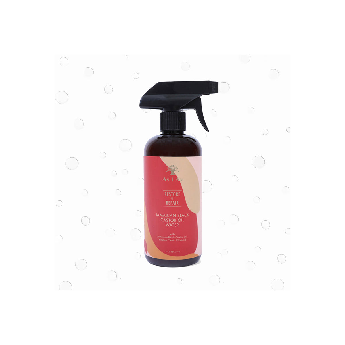 En mørk sprayflaske As I Am Jamaican Black Castor Oil Water (473 ml) med en lyserød etiket, der viser produktnavnet og teksten "Restore Repair".