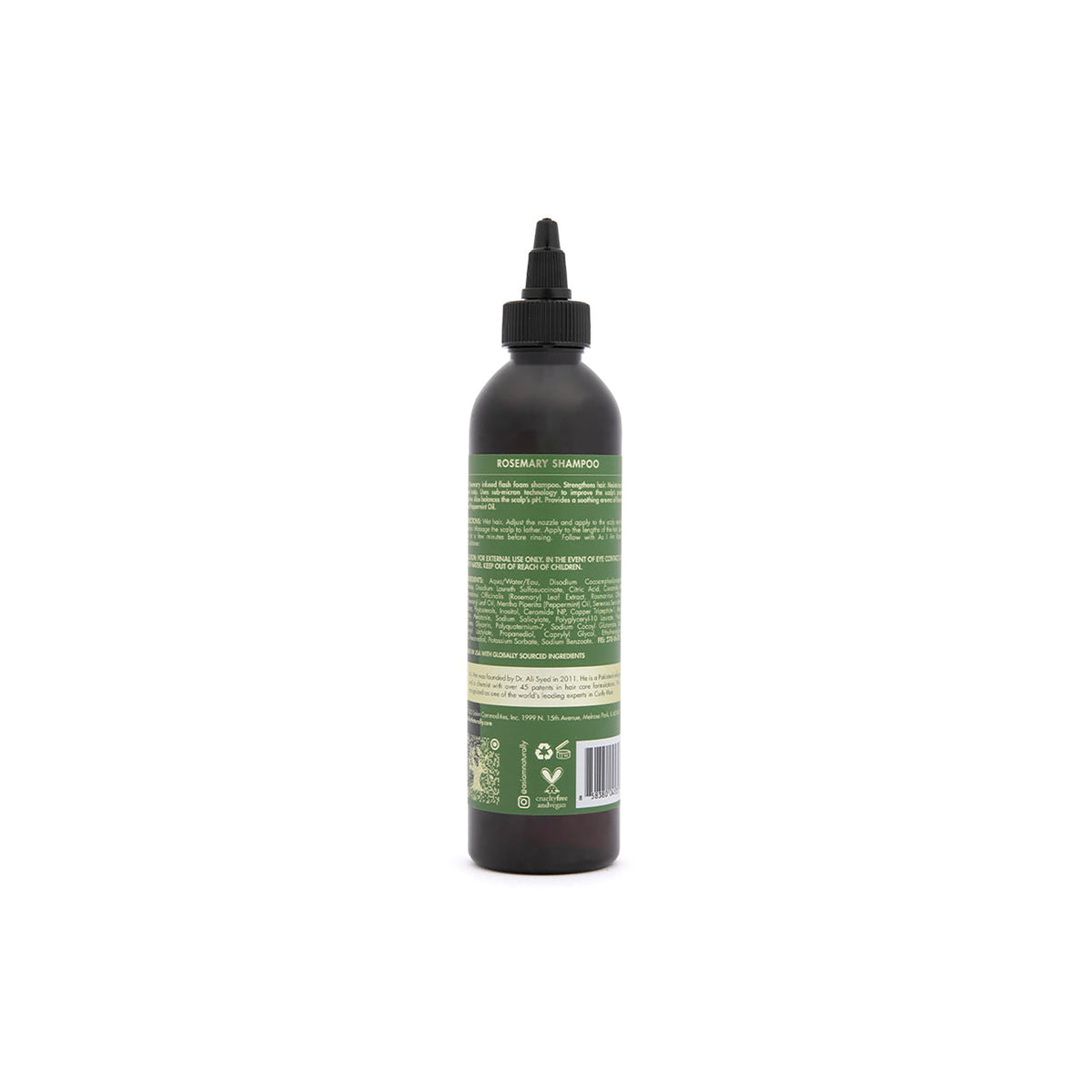 Bagsiden af en flaske As I Am Rosemary Shampoo (237 ml) med ingrediensliste, brugsanvisning og yderligere produktinformation.