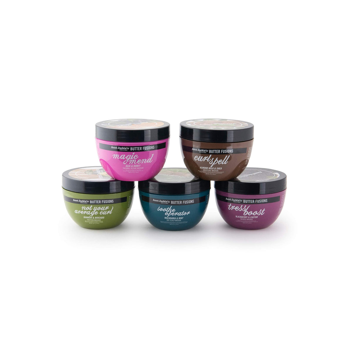 Aunt Jackie's Butter Fusions-serie: "not your average curl", "sootherator", "tressboost", "magic mend" og "curlspell".