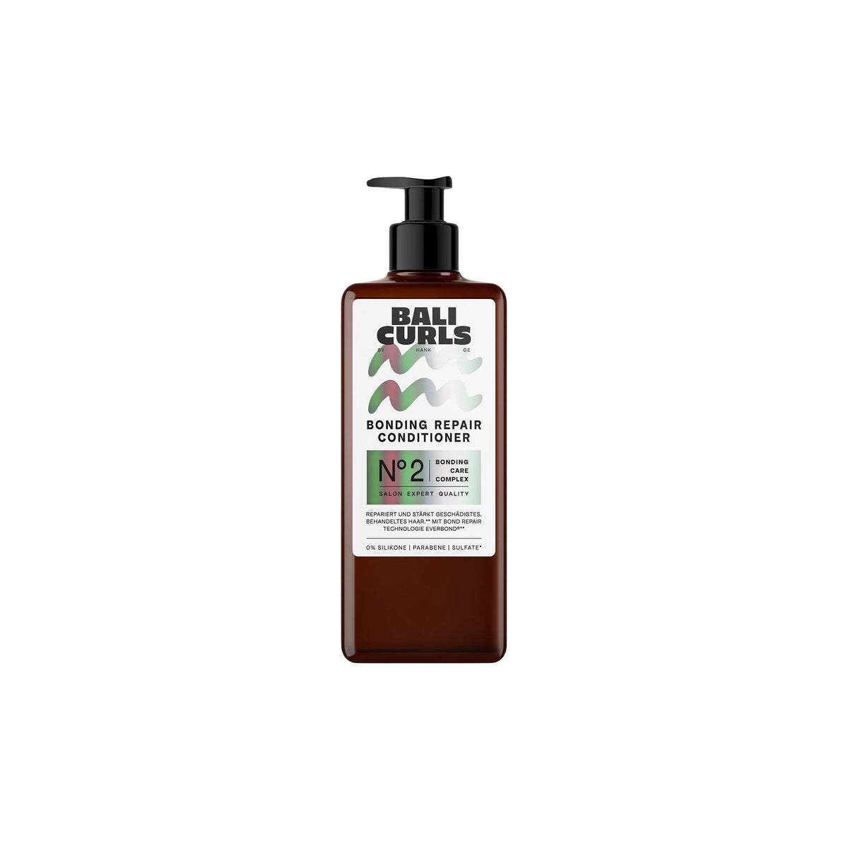 BALI CURLS Bonding Repair Conditioner i brun pumpeflaske med farvet bølgemønster og grøn label med N°2.