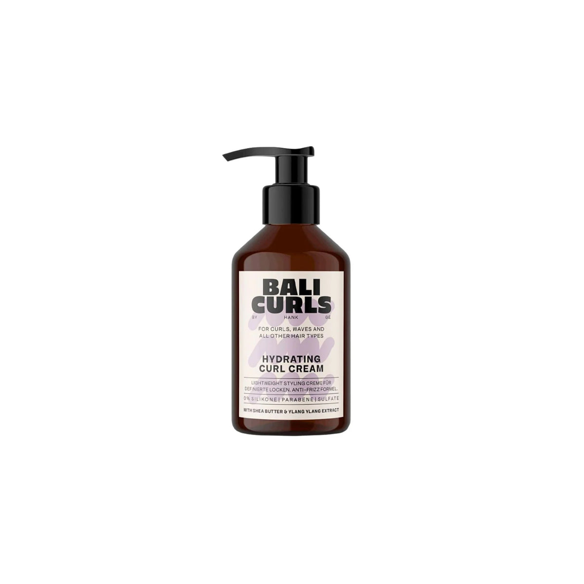 Bali Curls Hydrating Curl Cream 150ml i brun pumpeflaske med sort låg og lys etiket med sort og lilla tekst.