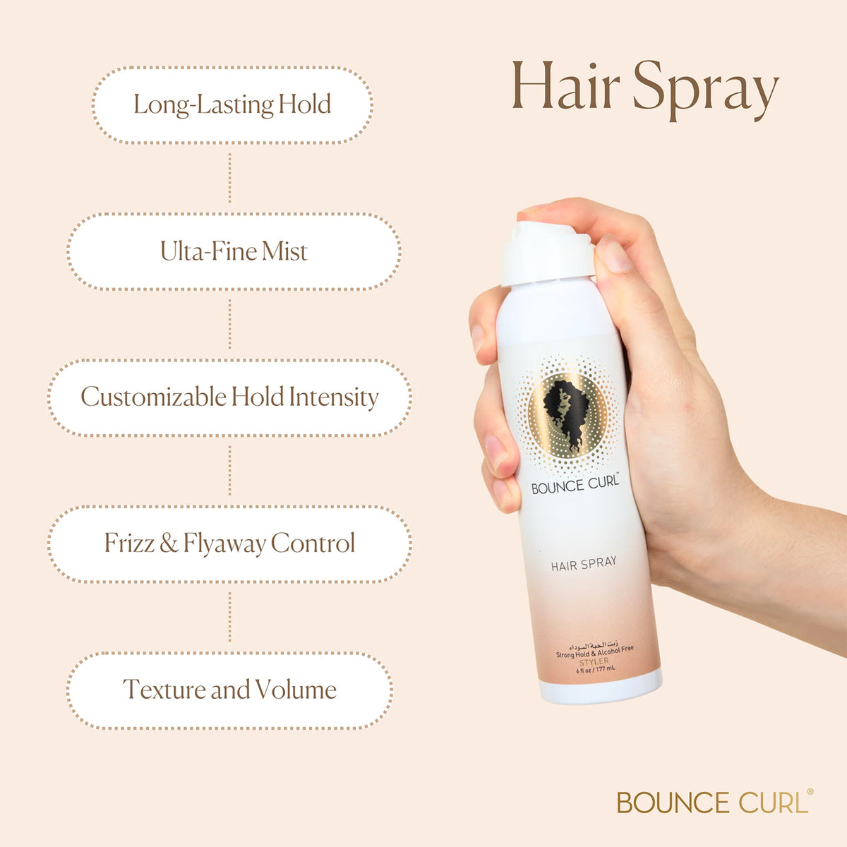 Hånd holder Bounce Curl Hair Spray 177ml mod lys baggrund med tekst om holdbarhed, volumen og kruskontrol.