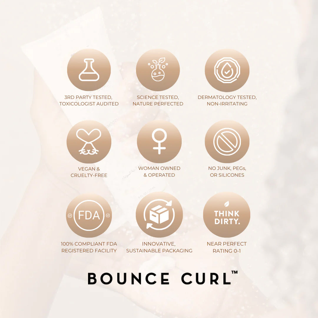 Ikoner, der fremhæver nøglefordele ved Bounce Curl Hair Spray 177ml, herunder vegansk, silikonefri og dermatologisk testet.