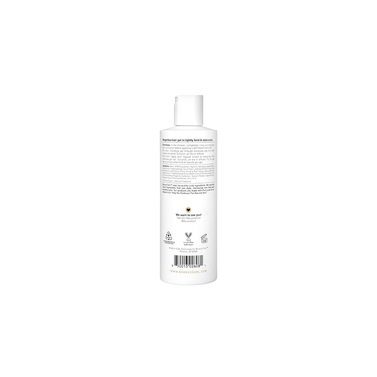 Bounce Curl Light Crème Gel 355ml bagetiket med produktbeskrivelse og ingrediensliste på hvid flaske med sort tekst.