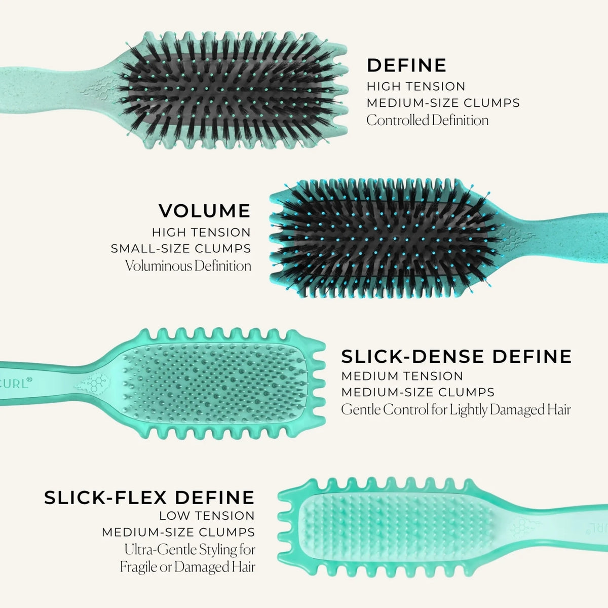 Guide til Bounce Curl hårbørster: Sammenligning af Define, Volume, Slick-Dense og Slick-Flex børster baseret på spænding og krøllestørrelse til forskellige hårtyper.