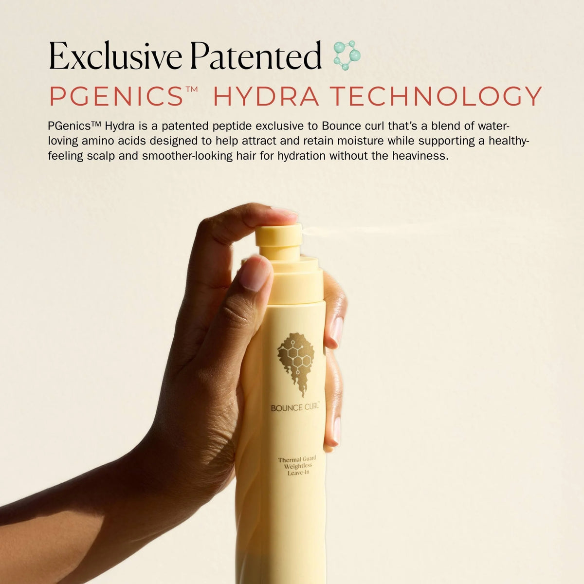 Hand holding Bounce Curl thermal guard weightless leave-in spray with PGenics Hydra technology for curl hydration and moisture retention.