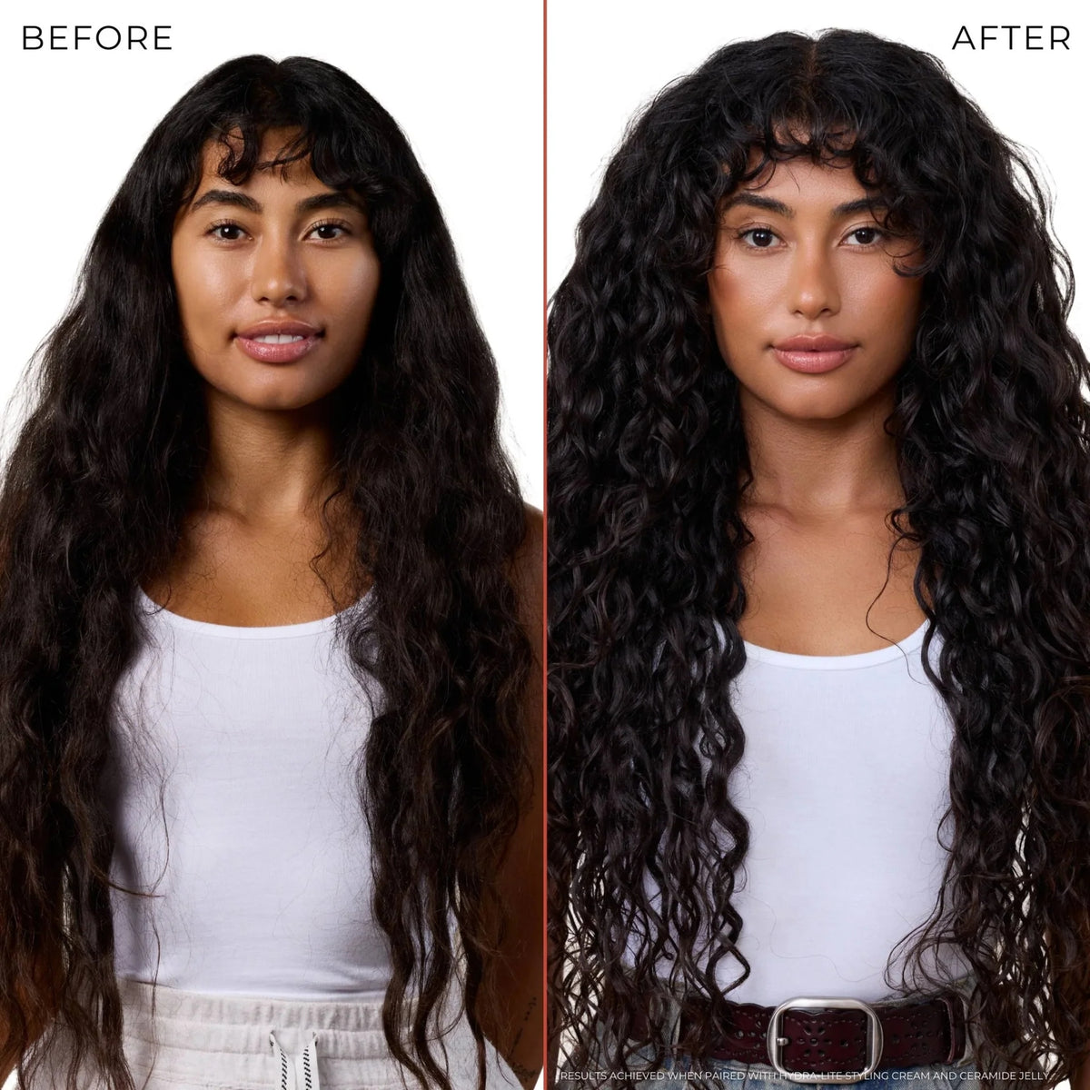 Before and after comparison showing hair transformation with curly bangs and enhanced wave definition using styling cream and ceramide jelly.