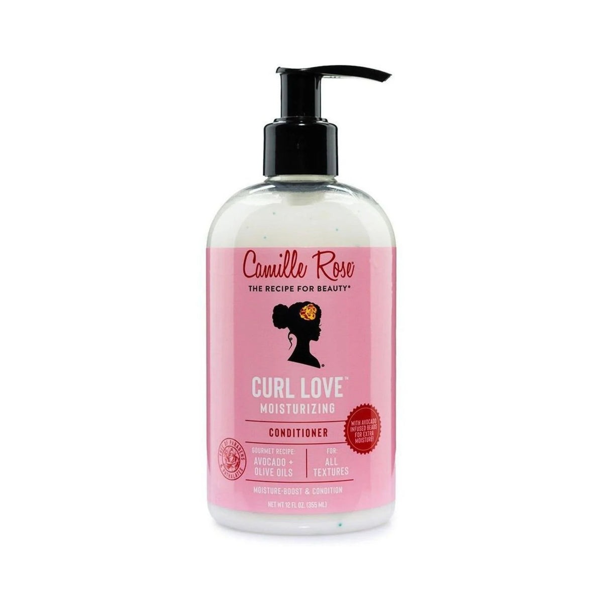Camille Rose Curl Love Moisturizing Conditioner, hvid pumpeflaske med lyserød etiket, 355 ml.