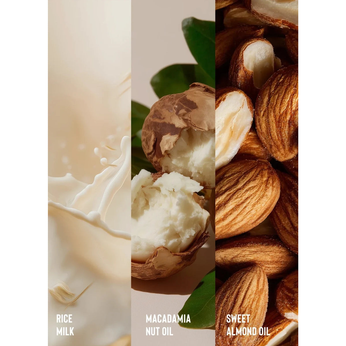 Tre naturlige ingredienser i panelvisning: risemælk, macadamianøddeolie og sød mandelolie med hele mandler.