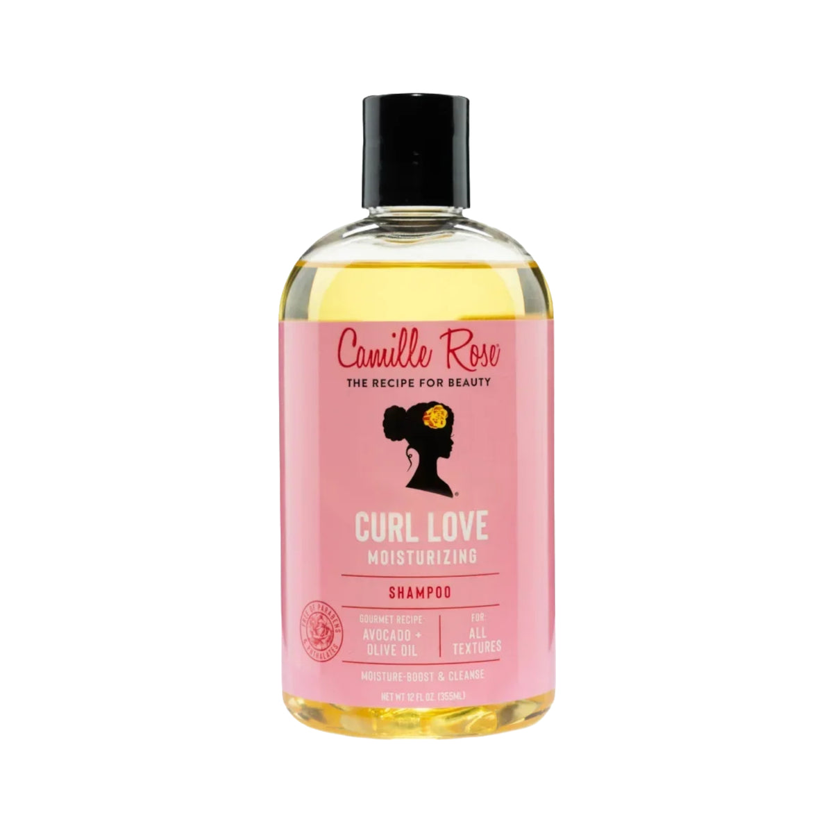 Camille Rose Curl Love Moisturizing Shampoo, klar flaske med lyserødt etiket og sort låg, 355 ml.