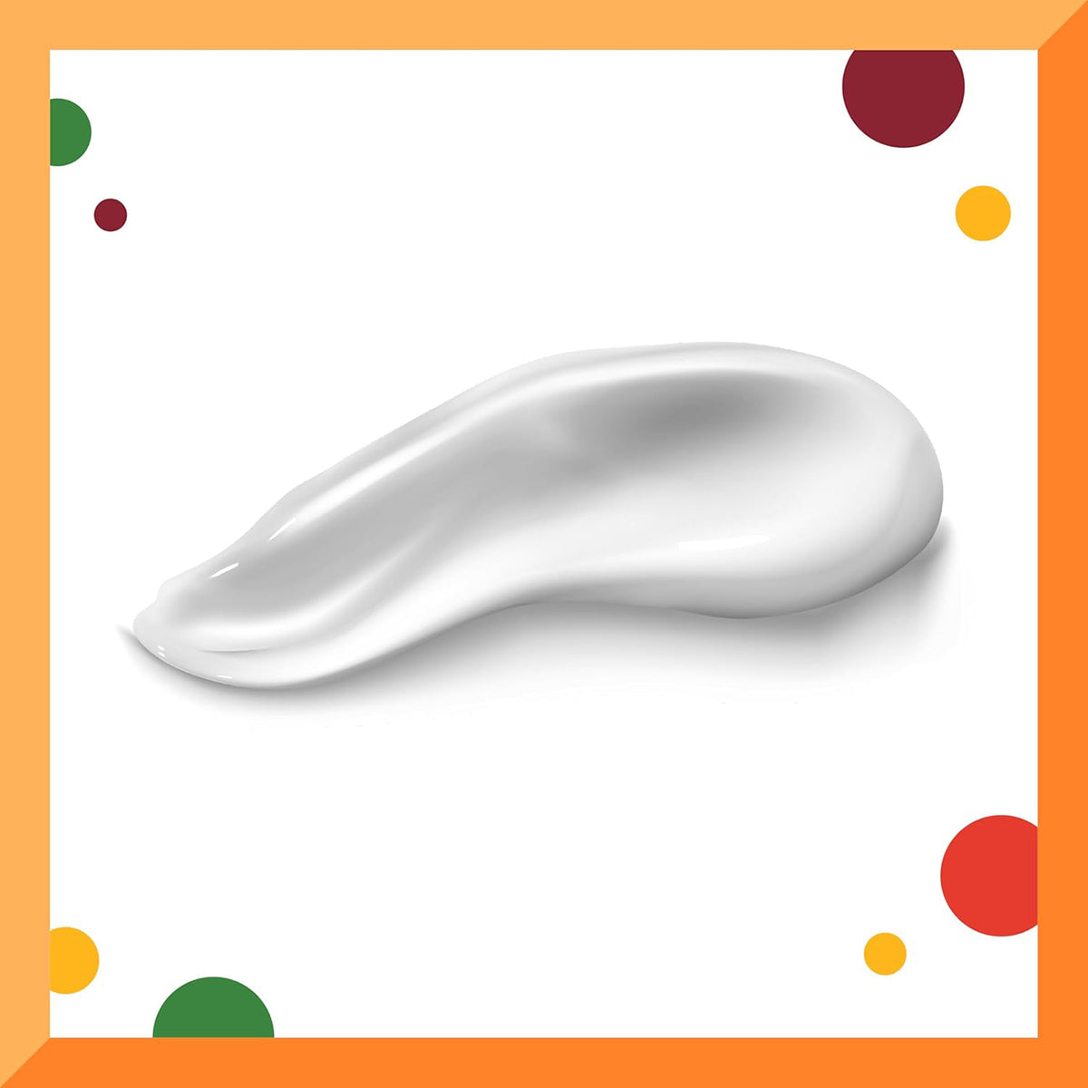 En hvid, cremet klat af Cantu For Kids Styling Custard på en hvid baggrund med en orange ramme og farvede cirkler i hjørnerne.