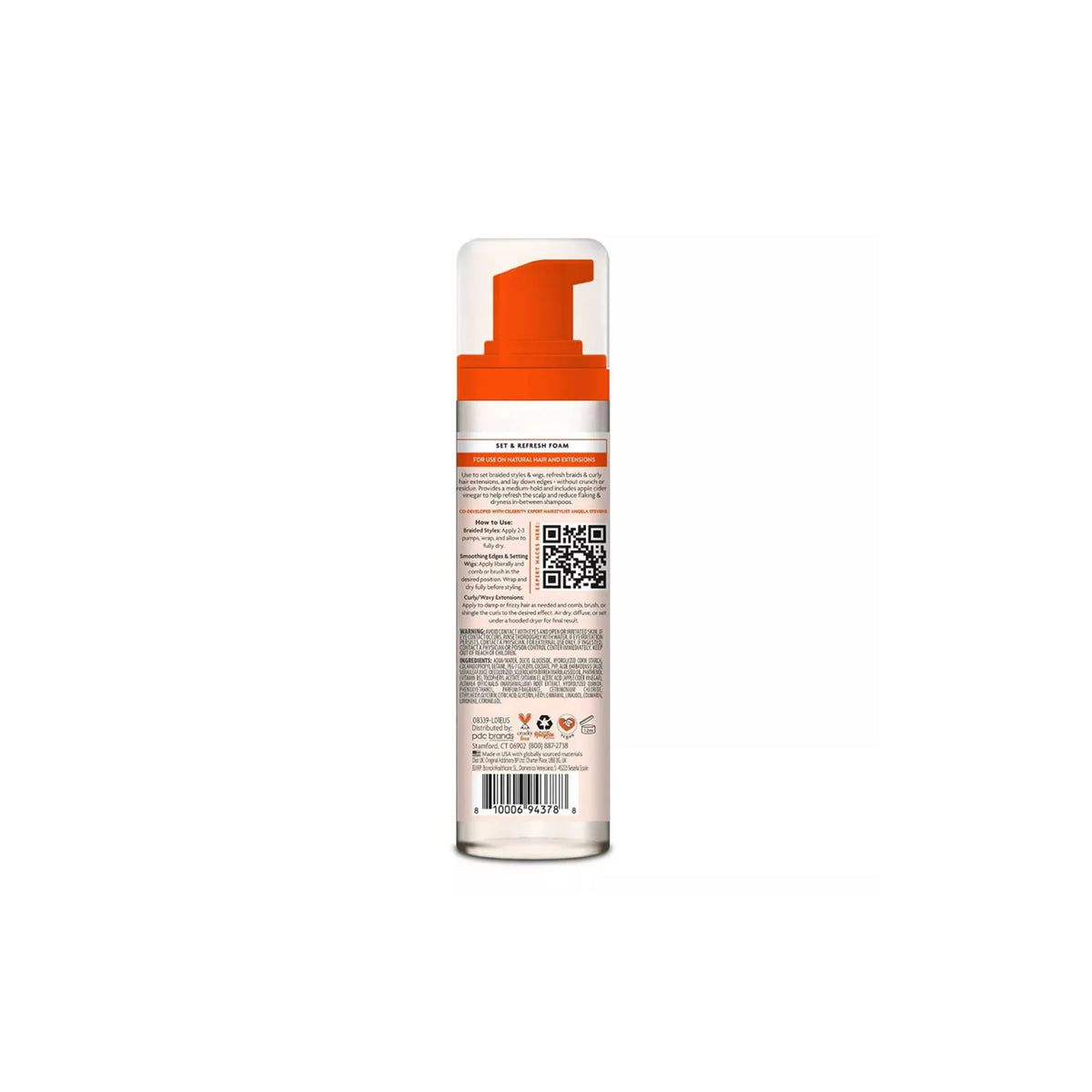 Etiketten på bagsiden af Cantu Protective Styles Set & Refresh Foam viser ingredienser og brugsanvisning.