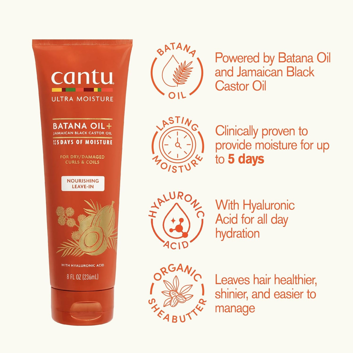 Cantu Ultra Moisture Batana Oil læave-in creme i orange tube med ikoner om batanaolie, fugt, hyaluronsyre og sheasmør.