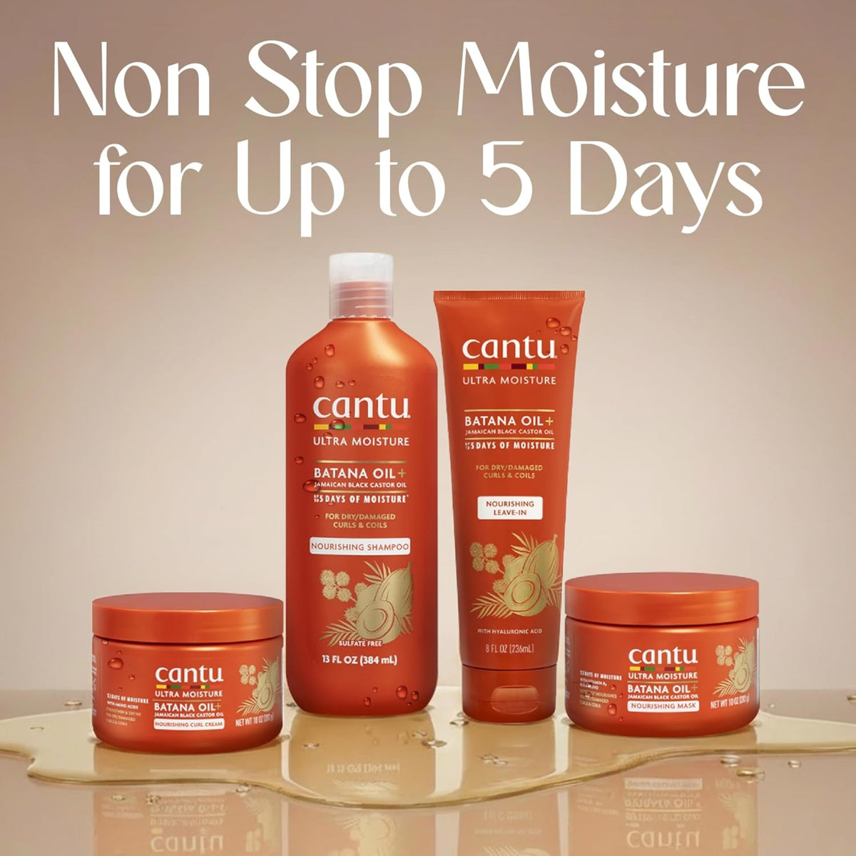 Cantu Ultra Moisture Batana Oil sæt med shampoo, leave-in, curl cream og maske – Non Stop Moisture i 5 dage.