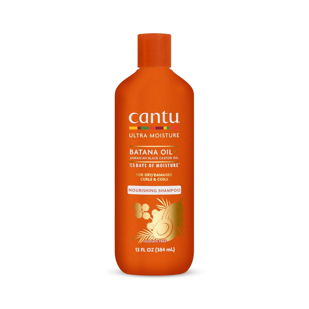 Cantu Ultra Moisture Batana Oil nourishing shampoo, orange flaske på 384 ml med guldmotiv.
