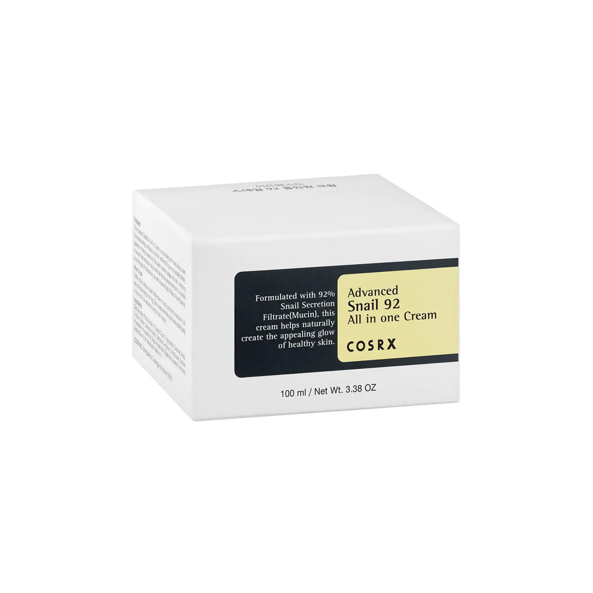 Cosrx Advanced Snail 92 Cream 100gr i hvid æske med sort og gul label, set mod hvid baggrund.