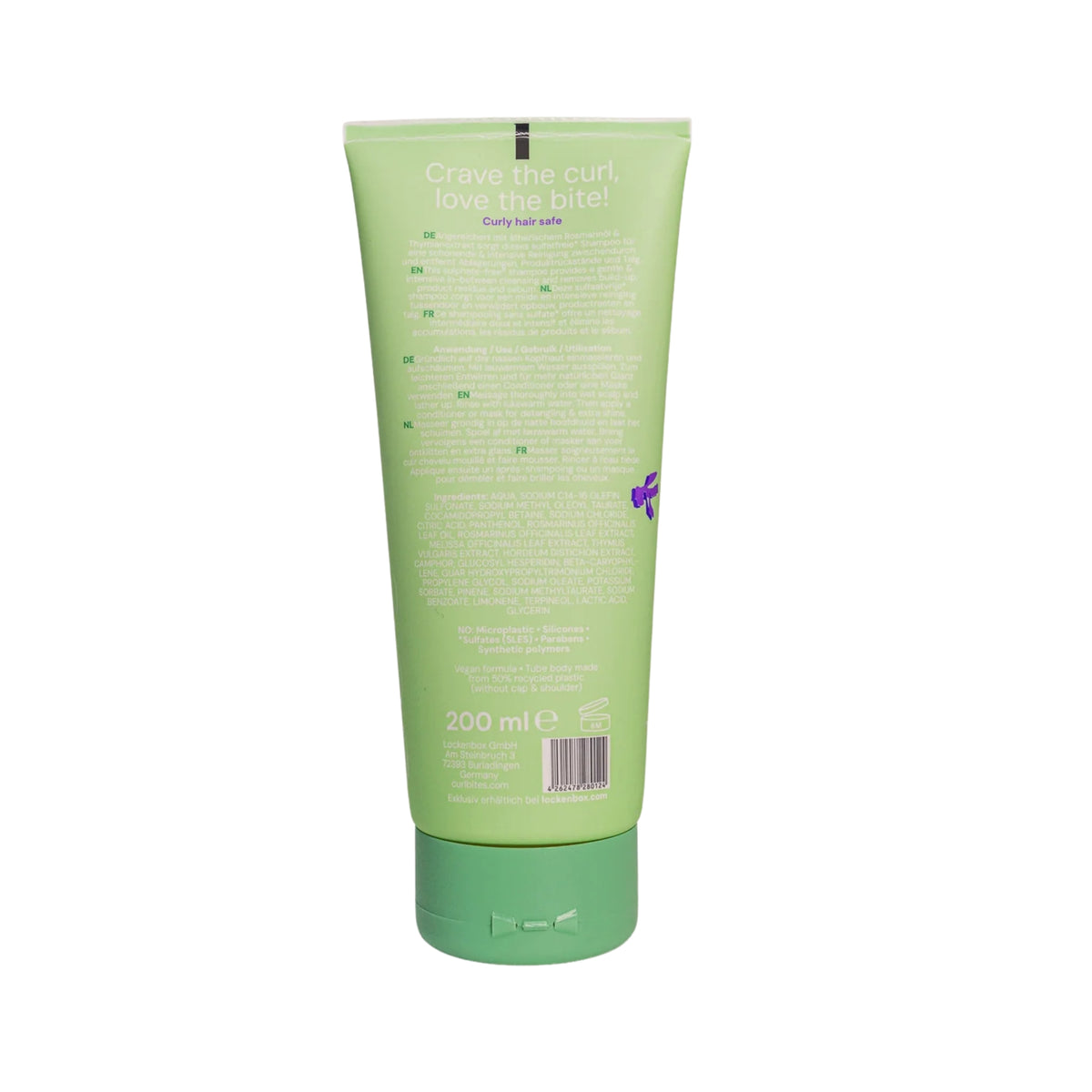 Grøn tube Curl Bites sulfatfrit shampoo, 200 ml, med grønt låg og produktinformation på bagsiden.