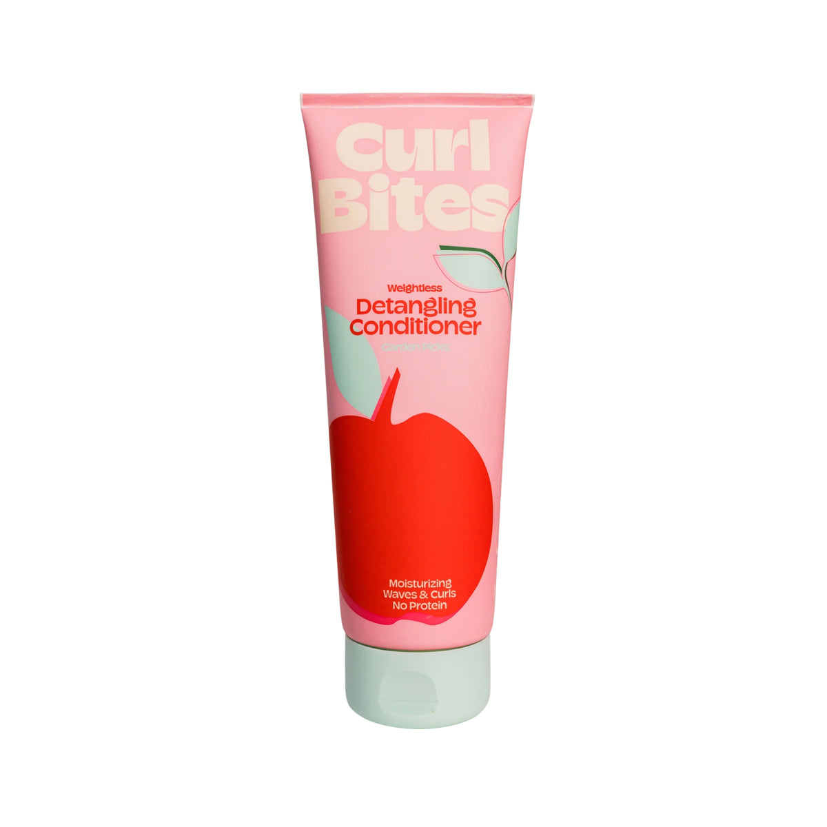 Curl Bites Detangling Conditioner i lyserød tube med rødt æble, til fugtgivende pleje af bølger og krøller.
