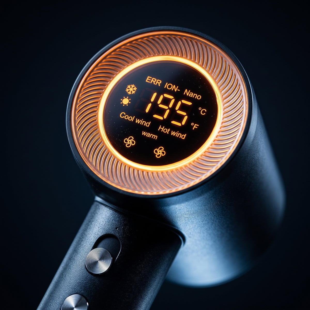 Digitalt display på hårføner med orange LED-tal 195°C, ionfunktion og vindstyrke-ikoner i sort/orange design.