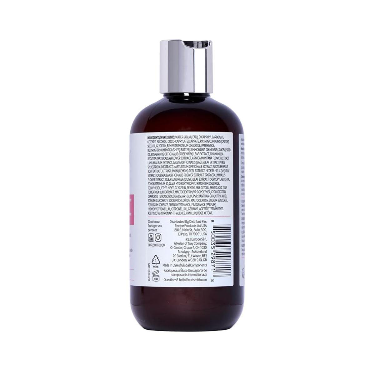 Bagside af Curlsmith hårplejeprodukt i brun flaske med sølvlåg, viser fuld ingrediensliste og stregkode.