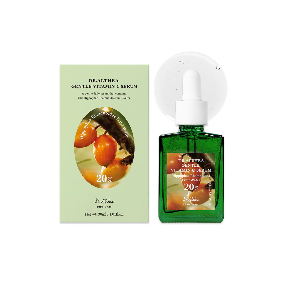 Grøn flaske med Dr.Althea Gentle Vitamin C Serum 30ml foran matchende æske med havtorn og produktinformation.
