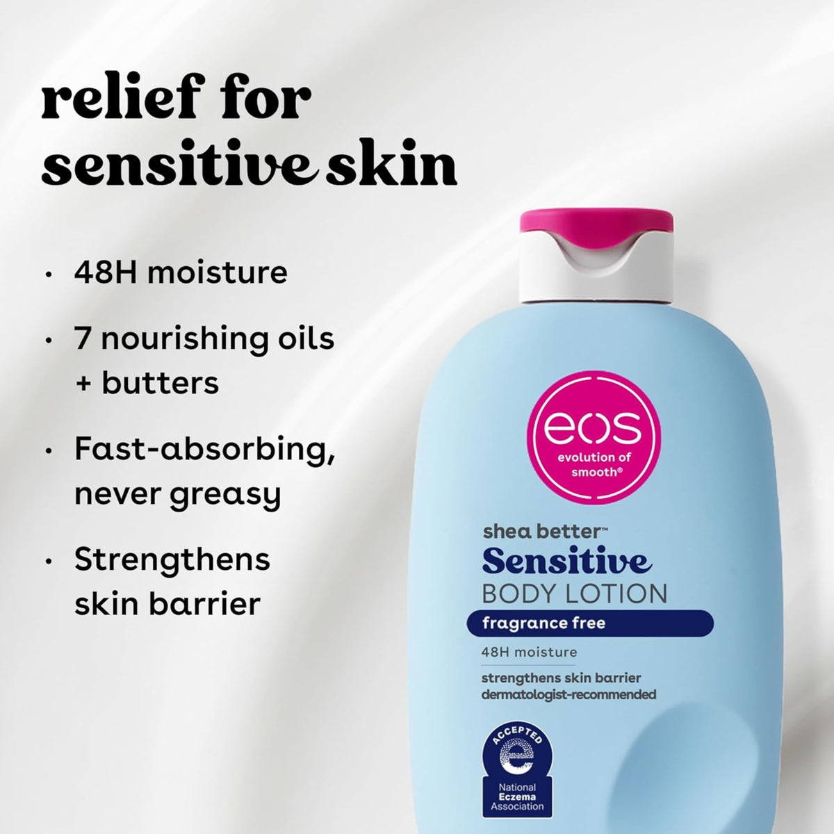 eos Shea Better Sensitive Body Lotion, parfumefri flaske med lyseblå etiket og pink låg, lindrer sensitiv hud i 48 timer.