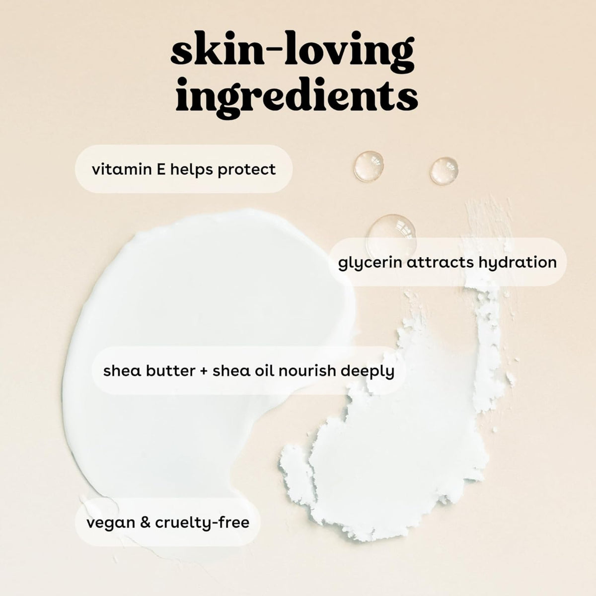 Hudplejecreme med hudvenlige ingredienser: vitamin E, glycerin og shea butter mod cremet baggrund.
