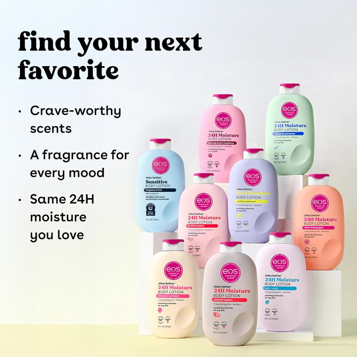 eos Shea Better 24H Moisture kropslotion i ni farverige flasker med duft som jasmin-fersken og kokosvand.