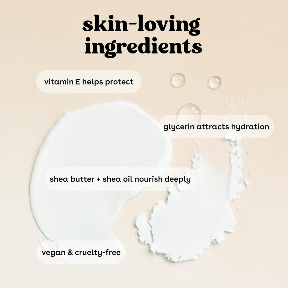 Cremet hudplejetekstur med vanddråber, tekst om skin-loving ingredients: vitamin E, glycerin, sheasmør, vegansk.