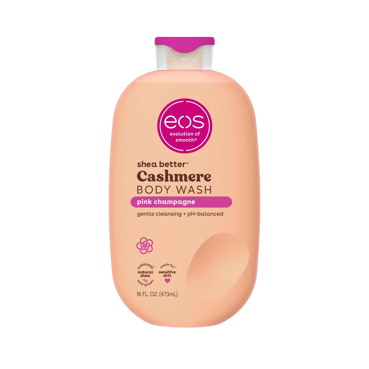 Eos Shea Better Cashmere Body Wash flaske i pink champagne, 473 ml, med lyserødt låg og blomsterdetalje.