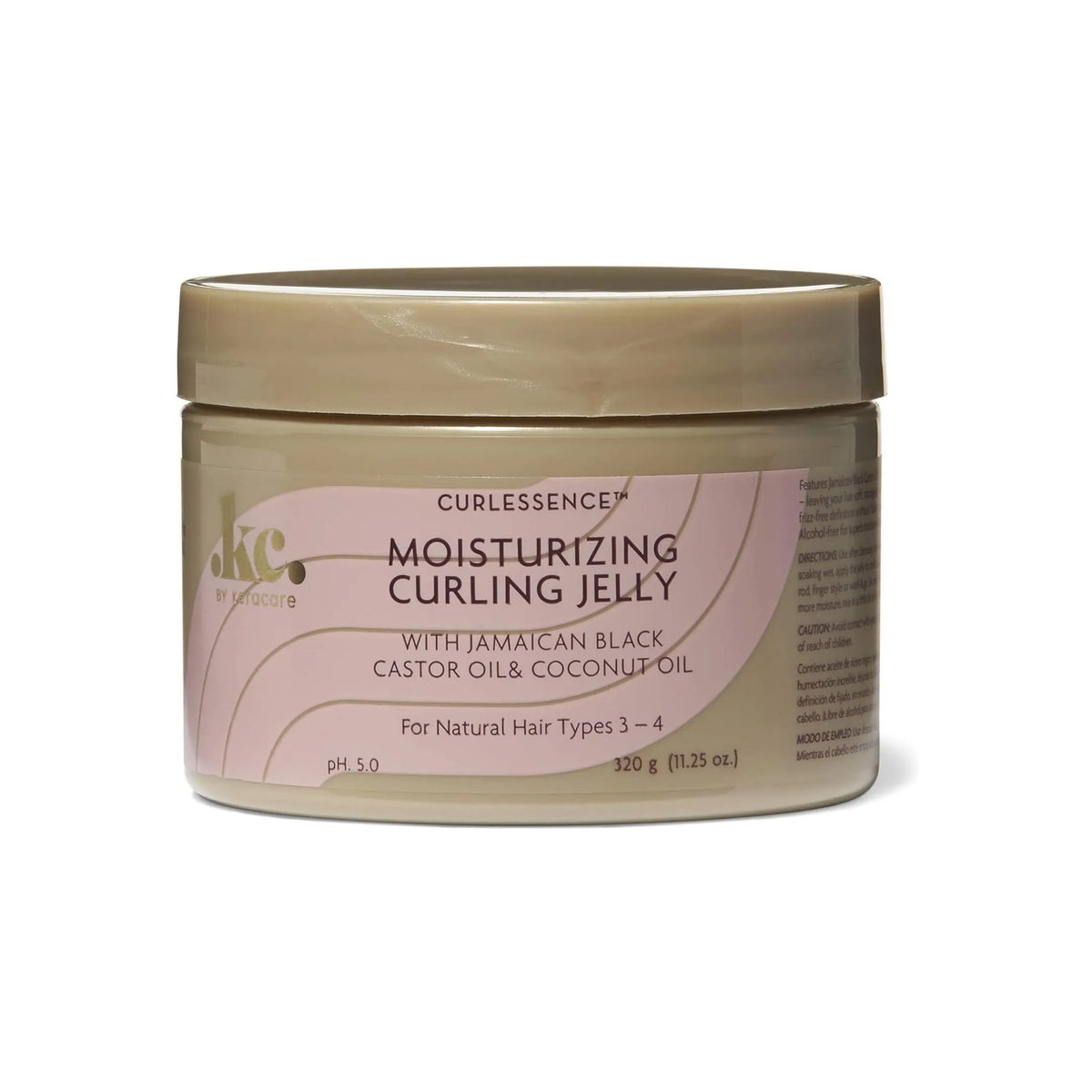 Beholder med KeraCare Curlessence Moisturizing Curling Jelly. En fugtgivende gele designet til at definere og fugte naturlige krøller af type 3-4, beriget med jamaicansk sort ricinusolie og kokosolie.