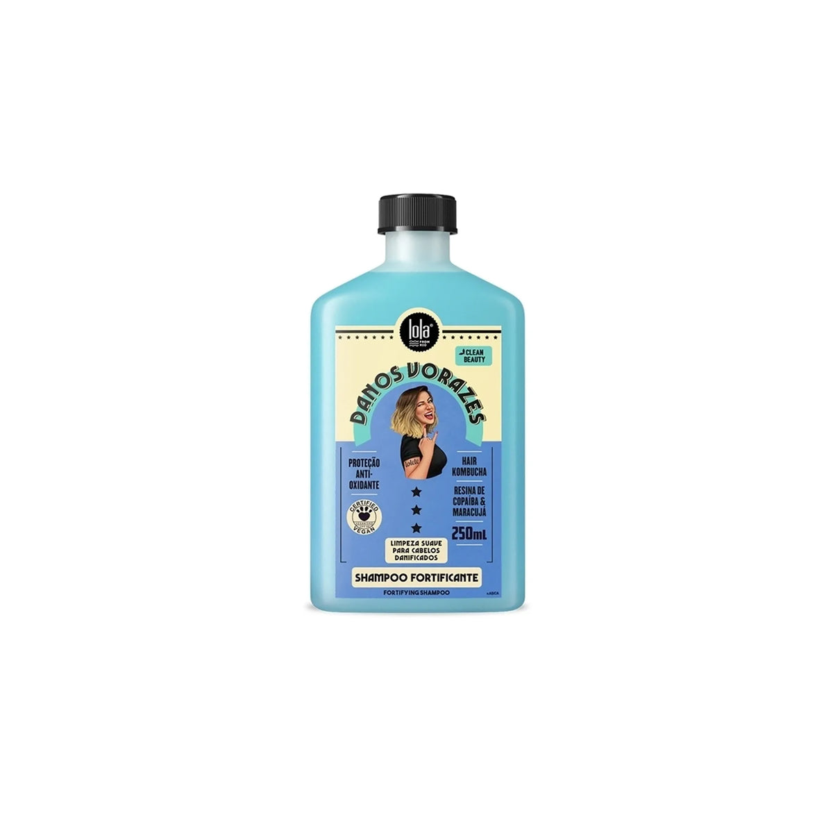 Blå flaske med Lola Danos Vorazes Strengthening Shampoo 250ml med sort låg og farverig etiket med kvindeportræt.