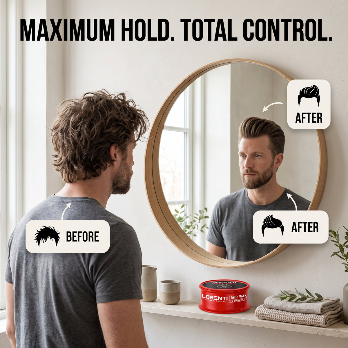 Mand med rodet hår før og stylet frisure efter brug af Lorenti Hair Wax X-Treme Hold foran spejl.