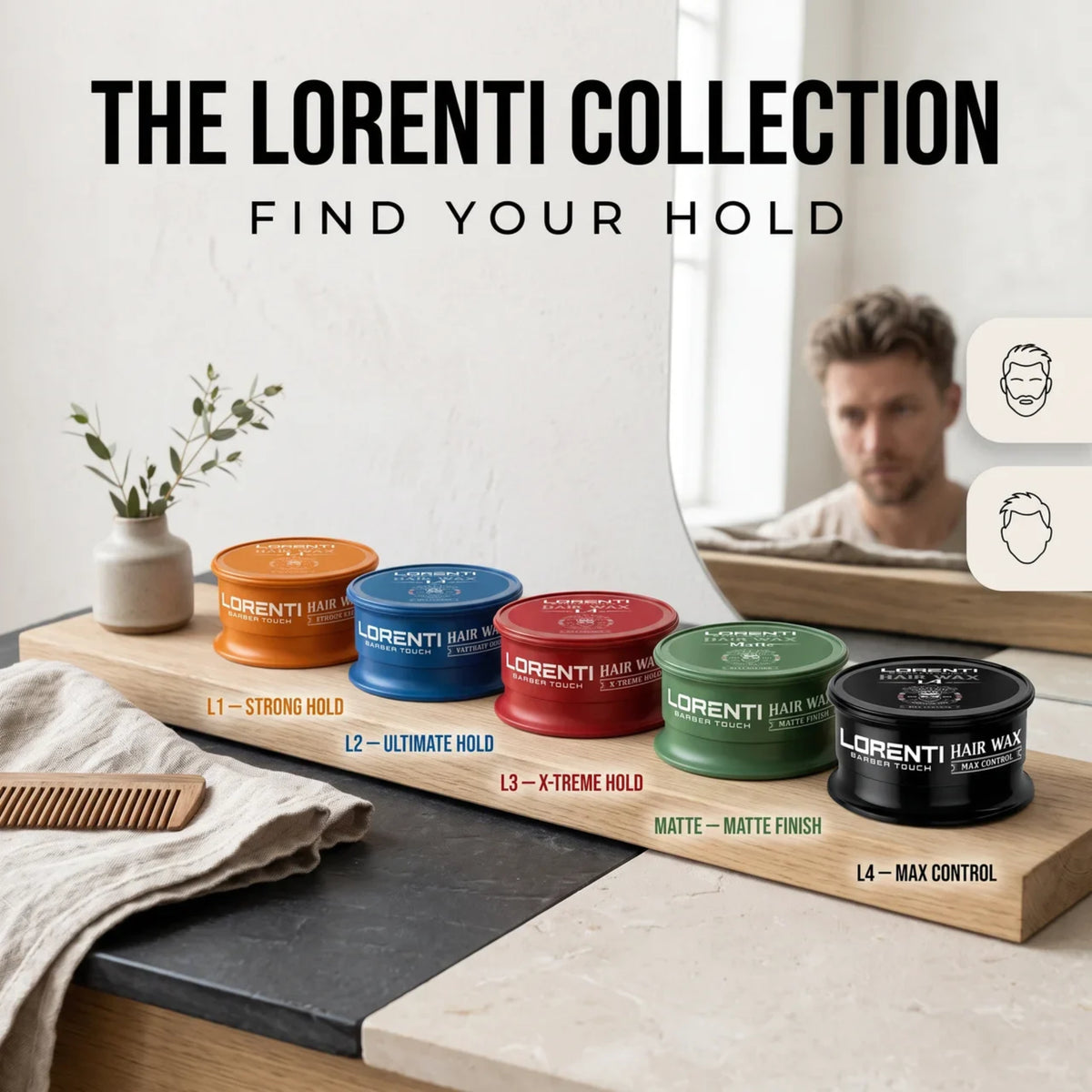 Lorenti Collection hårvoksdåser i orange, blå, rød, grøn og sort på træbakke med kam og mand i baggrund.