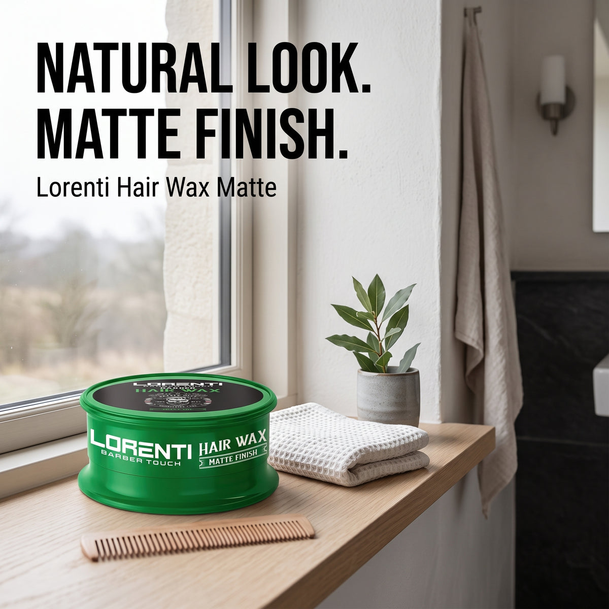 Grøn dåse Lorenti Hair Wax Matte Finish på vindueskarm med kam, håndklæde og grøn plante.