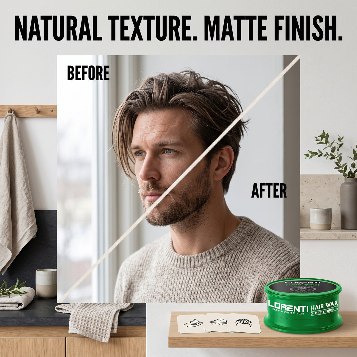 Mand med kort, mat styling før/efter brug af Lorenti Hair Wax Matte Finish, grøn dåse på badeværelseshylde.