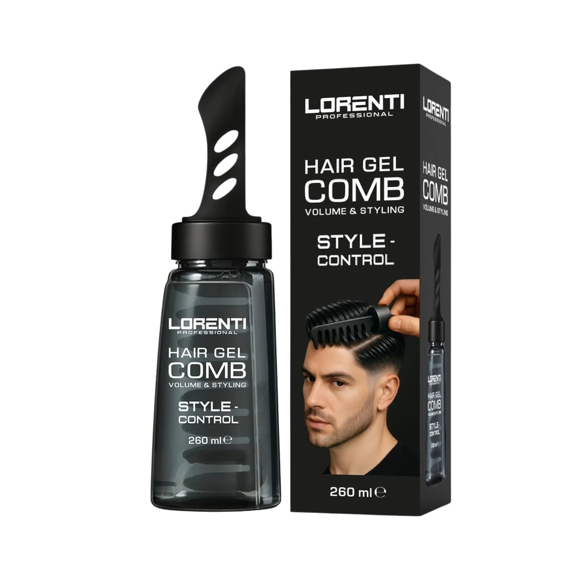 Lorenti Professional Hair Gel Comb 260 ml med sort kamhoved og emballage, mand styler hår med gelkam.