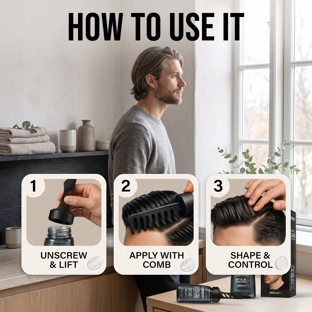 Trin-for-trin guide til Lorenti Hair Gel Comb: skru op, påfør med kam, og style håret med kontrol.