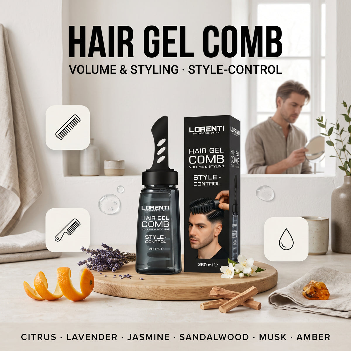 Lorenti Hair Gel Comb i sort flaske med indbygget kam, æske og mand der styler hår i spejl.