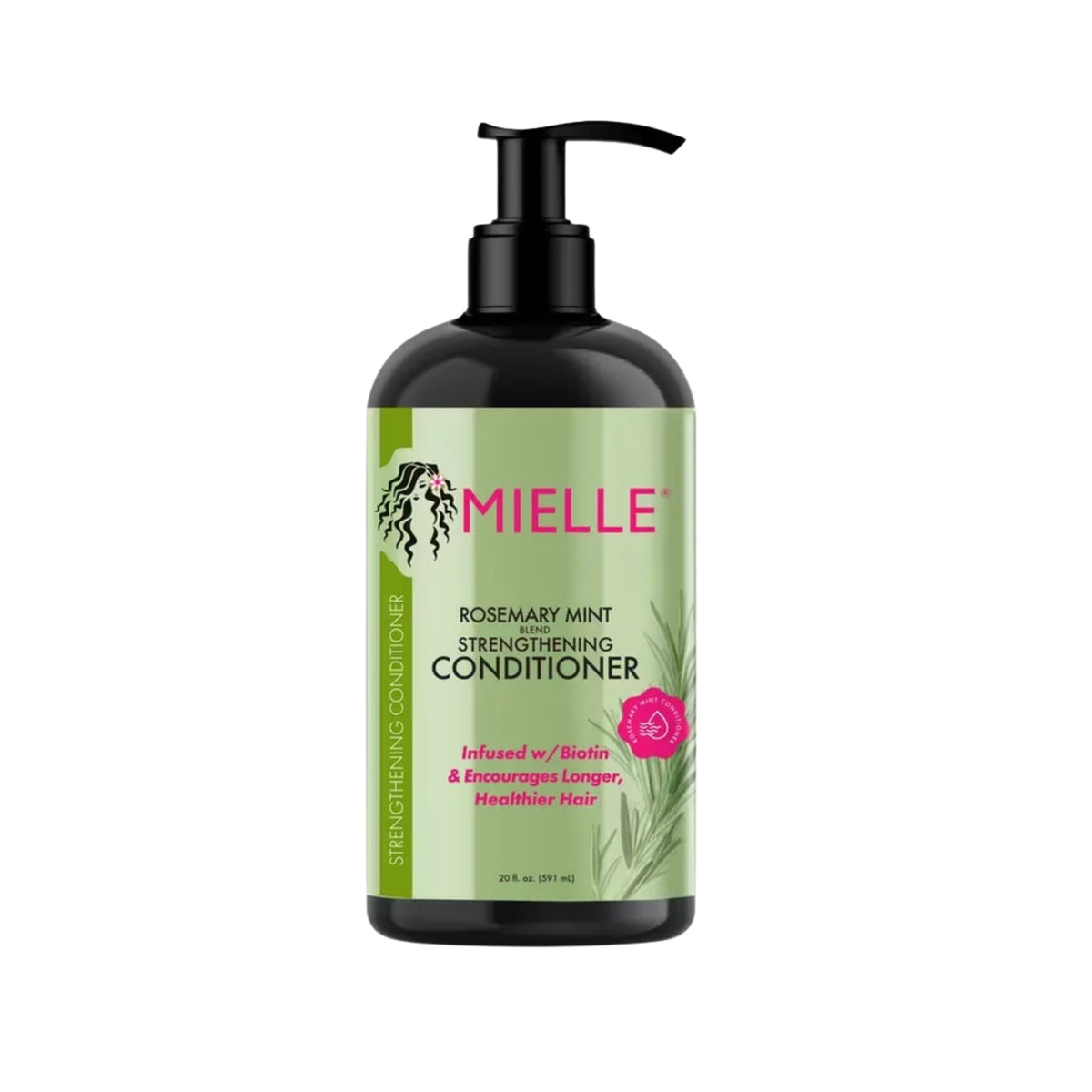Mielle Rosemary Mint Strengthening Conditioner, sort pumpeflaske med grønt etiket, 591 ml, beriget med biotin.